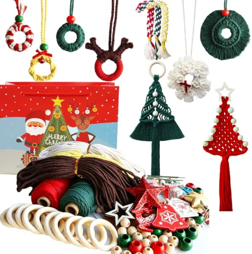 HENGLUO Weihnachtliches Makramee DIY Kit, 150M × 3mm Makramee Garn, Makrame Set Anfänger mit Anleitung, DIY Deko für Weihnachtsschmuck mit Holzperlen, Holzringe und Glocken