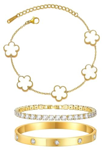 LIUYIDM Kleeblatt Armband 3 Stück Goldener Fünfblättriger Kleeblattschmuck Armbänder Gold Elegante Accessoires Armband, Glückssymbolgeschenke für Den Alltag, Geburtstage, Hochzeiten Gold (Mit Box)