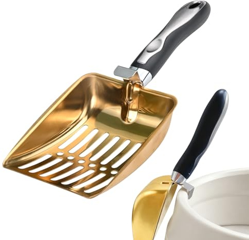 Kaiyzo Pala Arenero Gato - de Acero Inoxidable 430 con Malla de Filtrado Eficiente de Área Grande, Empuñadura PP con Hebilla para Colgar en Bandeja y Orificio de Suspensión, Color Dorado, 26.2cm