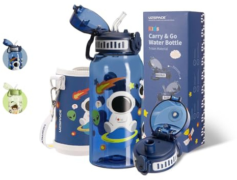 UZSPACE Cantimplora Infantil de 600 ml con Funda y 2 Tapas, A Prueba de Fugas, Manejo con Una Sola Mano, sin BPA, Tritán Botella con Pajita para Niños, Niñas, Escuela, Guardería (Cosmos Azul)