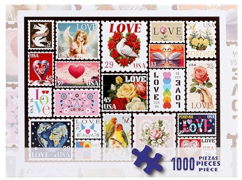 CCINEE 1000 Pieces Love Heart Stamps Puzzles Colorful Valentine's Day Jigsaw Puzzle for Adults, Romantic Heart Collage for Father’s Day and Mother’s Day