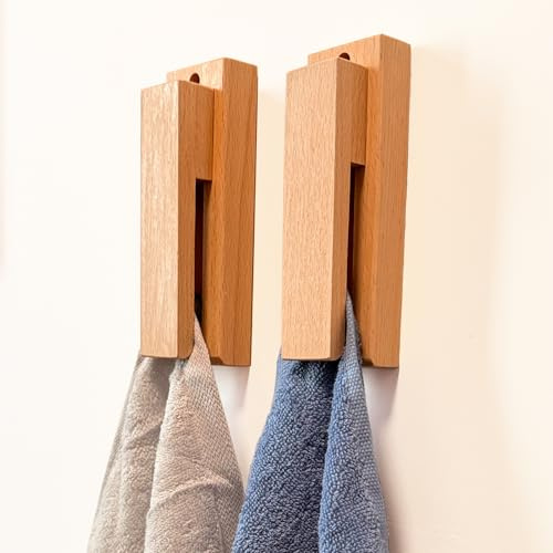 Wobodan 2PCS Towel Hooks Wall Mounted, Wooden Adhesive Wall Hooks for Hanging, Tea Wall Hanger Hooks, Kitchen Towel Holder, Coat Racks for Living Room Hallway (Natural)