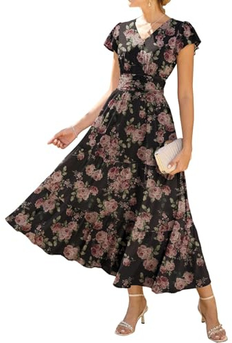 GRACE KARIN Damen Rüschenärmel V-Ausschnitt Midikleid A-Linie Blume Sommerkleid Mit Taschen
