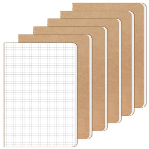 RITOLLO 6 Stück A5 Notizbuch Kariert, Kraftpapier Einband Tagebuch, 80 g/m² Premium Papier, Notizheft A5 Zum Schreiben, Planen & Organisieren, Ideal für Schule, Büro & Reise