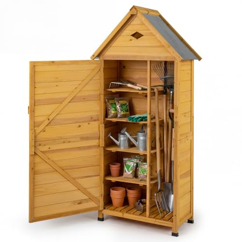COSTWAY Gartenschrank Holz, Geräteschuppen mit abschließbarer Tür, 4 abnehmbare Regalböden, Luftventil & geneigtes Metalldach, Outdoor Gerätehaus für Terrasse, Garten & Balkon