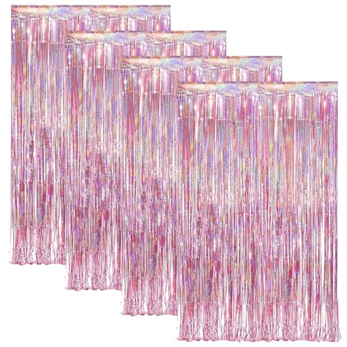 Rairsky 4 Stück Lametta Vorhang Rosa,2m x 1m Glitzervorhang Lametta | Glitzer Party Vorhangs,Vorhang Geburtstag Deko,Tinsel Curtain für Fotowand,Geburtstag,Silvester,Disco, Hochzeit