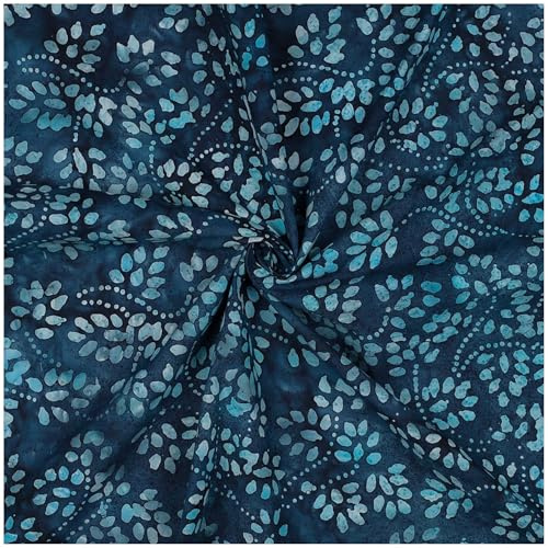 Batik Baumwollstoff Blätter Meterware – Sommerstoff aus Baumwolle Oeko-Tex, handgebatikter Dekostoff & Stoff für Kleider, Blusen, Deko – 137 cm breit – ab 0,5 m - blau