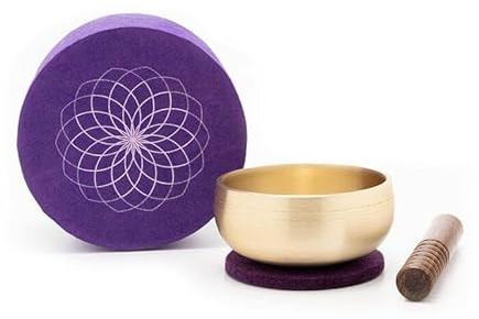 Meditations-Set 'STILLE' mit gegossener Klangschale in einer farbenfrohen Geschenk-Box in Lila: 100% Handgefertigt in Nepal und natürlich fair gehandelt. (Set in Box - Gegossene Klangschale)