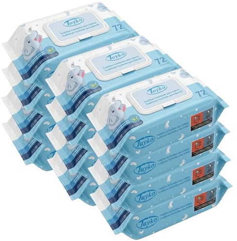 Tayko Toallitas Húmedas Refrescantes, 864 toallitas para Uso Diario, con Aloe Vera y Tapa Rígida, Hipoalergénicas y Sin Alcohol (12 paquetes de 72 toallitas)