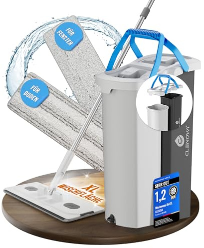 CLENOVA® XL Wischmopp Set mit Eimer, 2-Kammer-System [Trennbarer Putzeimer], Flacher Bodenwischer, 133–166 cm Teleskopstiel, 2 Mikrofaserpads für Boden und Fenster