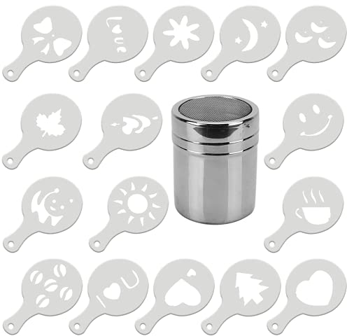 Chocolate Shaker Dusters Stainless Steel Mesh Shaker Powder Shaker for Icing Sugar Powder Cocoa Cappuccino with 16 Coffee Stencils, for Kitchen, Drinks and Baking