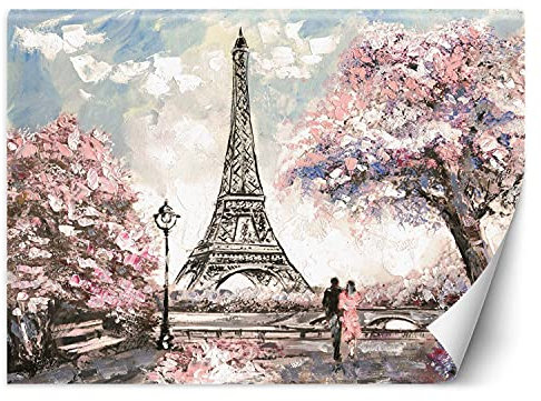Feeby Papier Peint Intisse Tour Eiffel Couple Amoureux 300x210 cm rose Moderne Panoramique XXL Photo Mural Muraux Chambre Bureau Salle Paris Aquarelle