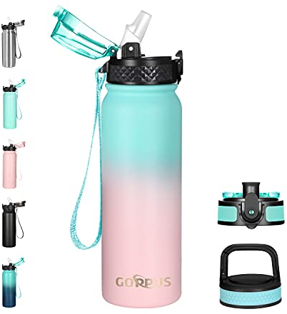 GOPPUS 600ml/20oz Stainless Water Bottle with Straw Double Wall Insulated Bottles with Strap Reusable Vacuum Thermal Flask Leakproof Keep Cold Drinks Bottles with Flip Top Lid for Men Women BPA Free