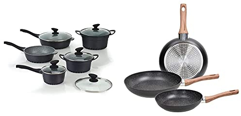 Tognana Evoluta Set Batteria, Alluminio Pressofuso, Grigio Marmorizzato, 10 Pezzi & Set 3 Padelle 20-24-28 Cm, Alluminio, Anche A Induzione, Nero