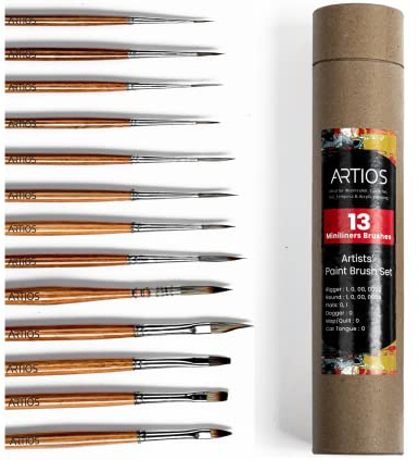 ARTIOS Fine Detailing Brush /Thin Miniature Brush Set of 13 pcs with Brush Holder for Acrylic, Oil, Watercolor & Gouache with Paint Brush Set-Wood, Synthetic Bristle
