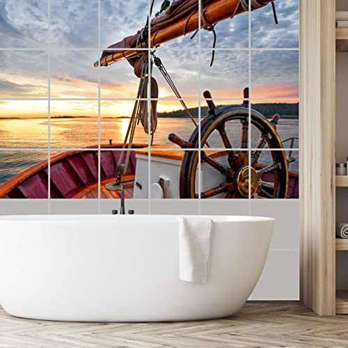 FoLIESEN Fliesenaufkleber - Deko-Bild für Bad, Küche, Badezimmer - Dekoration Fliesen-Bild selbstklebend - Sunrise Sailing, Fliese - Bild (BxH):20x25 cm - 120x75 cm / 18-tlg.