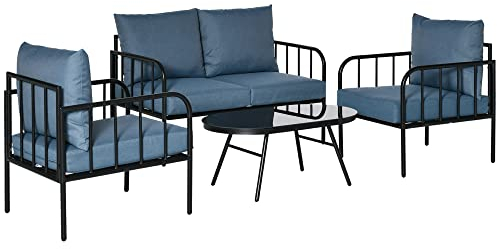 Outsunny Ensemble Salon de Jardin 4 pièces canapé 2 Places + 2 fauteuils + Table Basse Plateau Verre trempé Grand Confort 4 Coussins Rembourrage épais déhoussables métal Bleu foncé et Noir