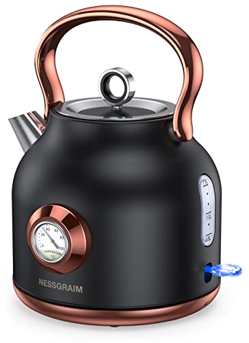 NESSGRAIM Bollitore elettrico retrò da 1.7 L, bollitore da tè in acciaio inox con grande indicatore di temperatura, caldaia ad acqua calda a bollitura rapida con luce a LED, tè, cacao