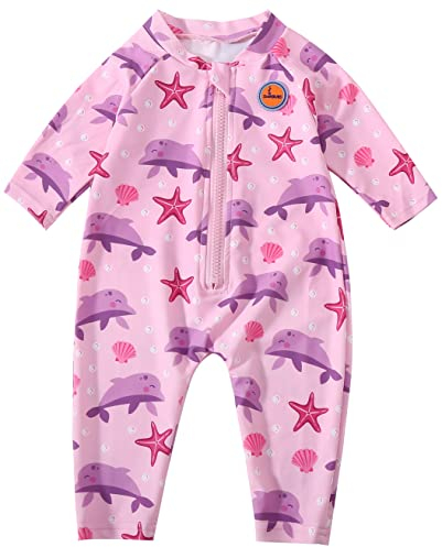 Swimbubs - Traje de baño UV para niños, traje de baño para niñas, protección solar, chaleco de protección contra erupciones, UPF50, Rosado (Pink Dolphin), 12-24 Meses