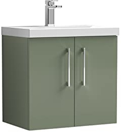nuie ARN823A Arno Modern Bathroom Wall Hung 2 Door Vanity Unit with Mid-Edge Ceramic Basin, 600mm, Satin Green