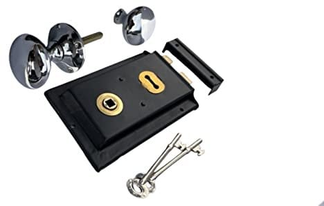 Haven Heritage Deadbolt Door Lock Cast Iron Knobs/Handle - Shed Llock, Garden Gate Lock with Key, Rim Lock Door Knobs, Gate Dead Bolts & Rim Locks with Keys Rim Lock Set 6x 4 (Lock + Chrome Handle)