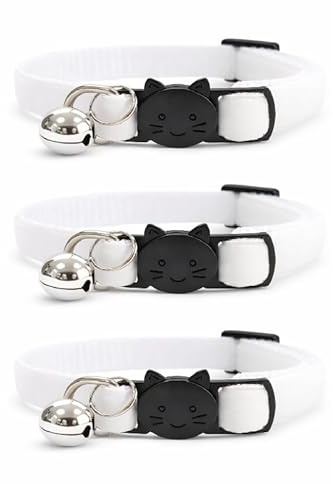 Velvet Cat Collars with Bell. Safe Breakaway Quick Release Buckle. Available in Cat & Kitten Size (Pack of 3) (Kitten Collar (15cm - 23cm), White Velvet (Pack of 3))