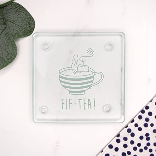 Engraved Square Glass Coaster -FIF-TEA Design - 50th Milestone Birthday Gifts for Men, Him - Fiftieth Gift for Friend, Brother, Son, Dad, Husband - Drinks Mat