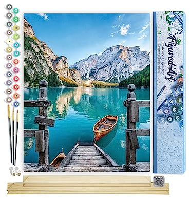 Figured'Art Malen Nach Zahlen Erwachsene Mit Rahmen Boot auf einem Bergsee - Paint by Numbers Basteln DIY Bastelset 40x50cm Mit Keilrahmen (nicht gespannt)