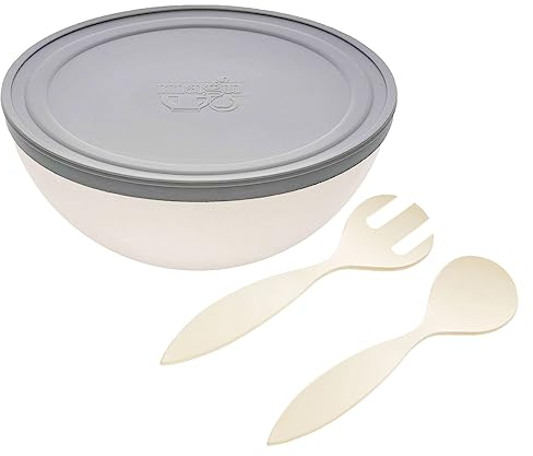 Magu Natur-Design Schüssel Beige mit Deckel und Salatbesteck Ø 30 cm aus einem Polymer aus natürlichen Materialien Schüsselset Salatschüssel