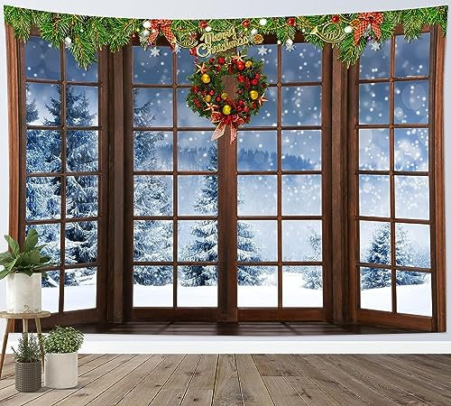 Sxakswol Wandteppich Groß Weihnachten Wandteppich 200x200 Wandbehang Landschaft Vor Dem Fenster, Tapisserie 3D Wandtuch Aesthetic Wandteppiche für Wohnzimmer Schlafzimmer Wohnheim Wanddeko
