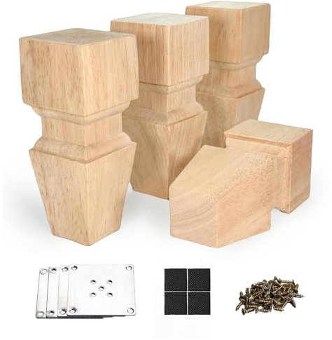 Wooden Furniture Legs with Mounting Plates Screws 15cm Set of 4 Solid Wood Unfinished European Style Replacement Furniture Feet for Couch Cabinet Sofa Ottoman TV Stand Home DIY Projects (6 inch)