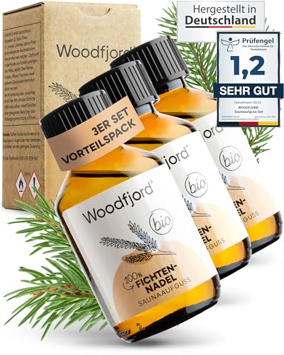 WOODFJORD Saunaaufguss Fichte Fichtennadel BIO 3 x 100 ml I Premium Sauna Aufgussmittel für authentische und nachhaltige Saunaerlebnisse I Saunaöl und Saunaduft I Belebend und vitalisierend