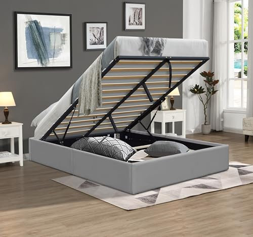 Nuits D'or Solide Lit Coffre Gris + Pieds pour Matelas 120x190 cm - 12 Lattes - Loris - Montage Rapide et Facile - revetement PVC Simili Facile d'entretien