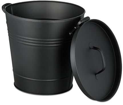 Relaxdays Ascheeimer mit Deckel, 19 Liter, runde Aschetonne mit Griffen, für Kohle & Asche, Kamin, Ofen, Grill, schwarz