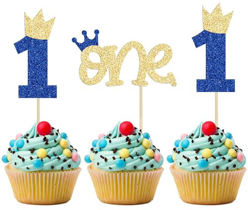 Ephlyn 24Pcs 1st Birthday Cupcake Toppers Glitter Crown One Cake Topper Decorations First Birthday Cake Decorations for Baby Shower 1st Birthday Party Supplies Blue Gold