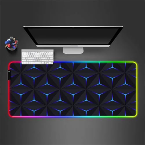 RGB Tapis de Souris Gaming Grand Tapis de Souris XXL 900x400x4mm 14 Modes d'éclairage LED Lumineuse Tapis de Souris Mouse Pad Rétroéclairage pour Gamer Clavier PC, Bleu Géométrique
