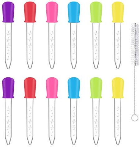 SYEYCW 12 Piezas 5 ml Pipetas Plastico con 1 Cepillo de Limpieza, Pipetas de Silicona, Dispensador de Líquido, para Transferencia de Líquidos, Hacer Golosinas en Moldes, Niños, Mascotas, Plantas