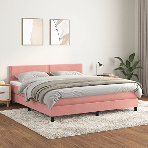 ZQQLVOO Bed Frame Lattenrost Palettenbett Bodenbett Boxspringbett mit Matratze Rosa 180x200 cm Samt