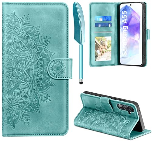 EASDNB Lederhülle für Samsung Galaxy A55 5G Hülle, Handyhülle für Galaxy A55 Flip Wallet PU Leder Case [Kartenfach] [Magnet] [Standfunktion] Prägung Klapphülle Schutzhülle für Samsung A55, Grün