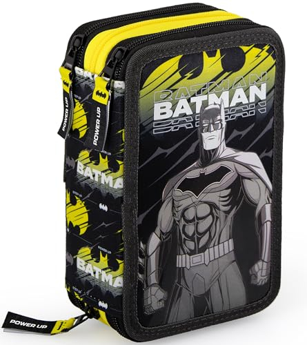 Clondo Federmäppchen Kinder, für Batman Fan, 3 Organisierte Fächer, Federtasche Junge Gefüllt, Mädchen & Jungen Schulmäppchen, 45 Teilen für die Schule