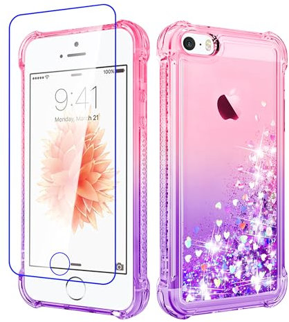 Pilaru for iPhone SE 2016 & 5 / 5S Case Clear Liquid Heart Lovely Glitter Soft TPU Cover Transparent Girly Protective Phone Case for iPhone SE (1rd Gen) 4.0-inch,Pink/Purple