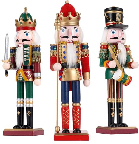 Tpudn 3pc Christmas Nutcracker Soldier 30cm Wooden Nutcracker Christmas Decorations for Fireplace - Xmas Wooden Figures Indoor Christmas Ornaments - King, Drummer, swordsmen Nutcrackers