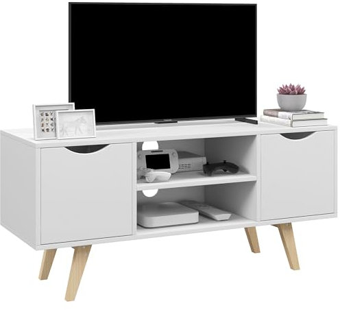 HOMCOM Mueble de TV Moderno Mueble para Televisores de 50 Pulgadas Mesa de TV para Salón con 2 Puertas 2 Estantes Abiertos y Patas de Madera 110x39x50 cm Blanco