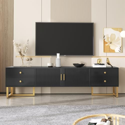 LuxeLiving TV-Schrank, Lowboard, 175 cm Lang, Fernsehtisch mit Vier Schubladen und Türen für Fernseher bis zu 75 Zoll, TV-Ständer mit goldenen Metallfüßen und Griff, Schwarz