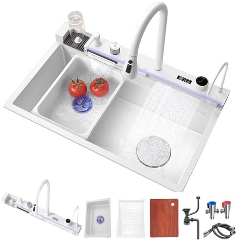 FIVIXIL Fregadero de cocina fregadero Whale de doble cascada con pantalla LED con lavavasos, dispensador de jabón, mezclador de cascada, mandos de encimera, etc (80 * 46 * 22cm, White)