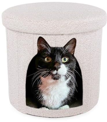 Rosewood Boucle Fold-Away Cat Den, Neutral Beige, Stylish Cat Hideaway with Removable Machine-Washable Cushion, Foldable Design for Easy Storage, Cozy and Trendy Boucle Fabric