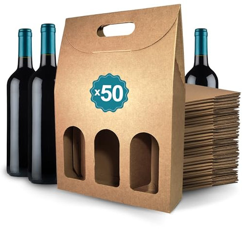 50 cajas de cartón Kraft vacías para 3 botellas de vino 27x9x40 cm | Embalaje para botellas de vino para regalos: Navidad, Pascua, cumpleaños, boda | Bodegas de vino
