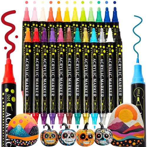 Paint Pens Acrylic Markers-24 Colors Dual Tip Acrylic Paint Pens for Rock Painting Wood Glass Stone Wood Ceramic Art Supplies Dot Markers Pen