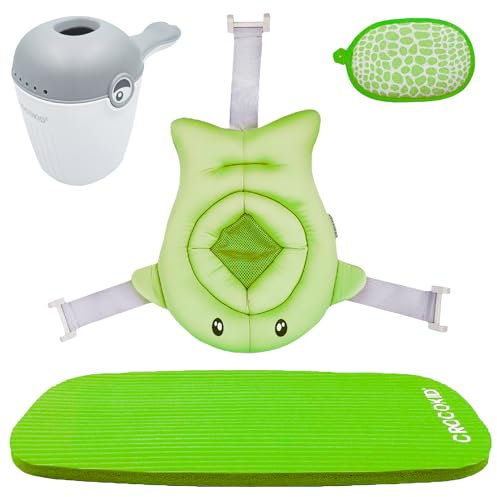 CROCOKID® Accesorios Bañera Bebé - Cojín de Baño Bebé Universal con Jarra para Enjuagar Bebe | Kit Completo de Baño Bebe 5 Accesorios, Compatible con Bañera Bebe Plegable - Verde