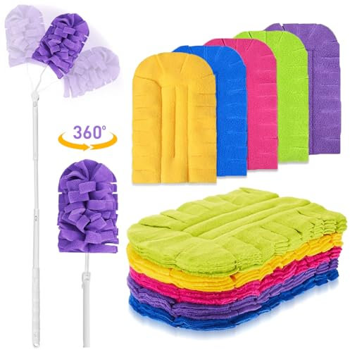 LOVECO Lot de 10 plumeaux lavables compatibles avec Swiffer avec aimant anti-poussière à 360 °, réutilisables pour Swiffer Duster (10 chiffons + 1 manche télescopique)